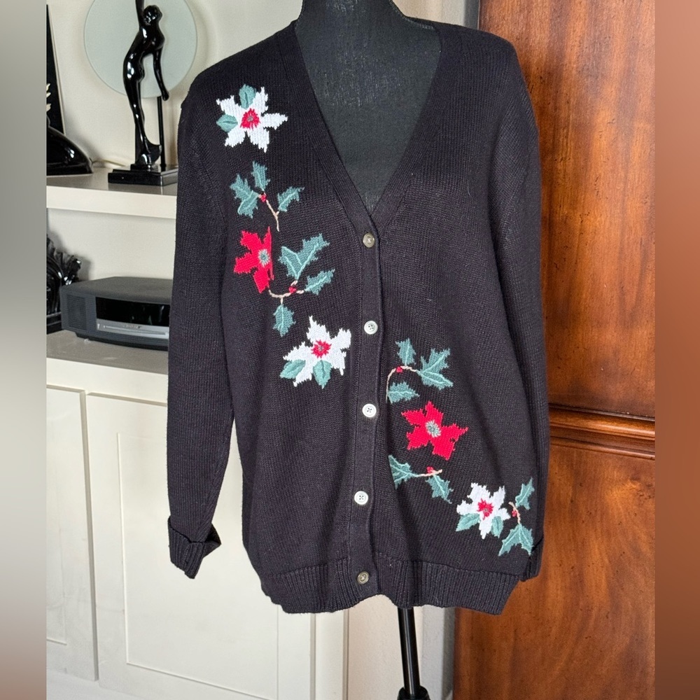 Vintage Classic Elements Black Cardigan Embroidery Floral‎